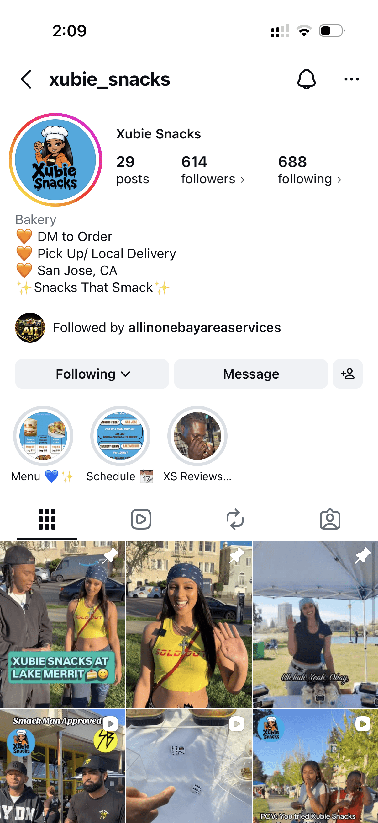 Xubie Snacks Instagram profile highlighting DM to order and local delivery